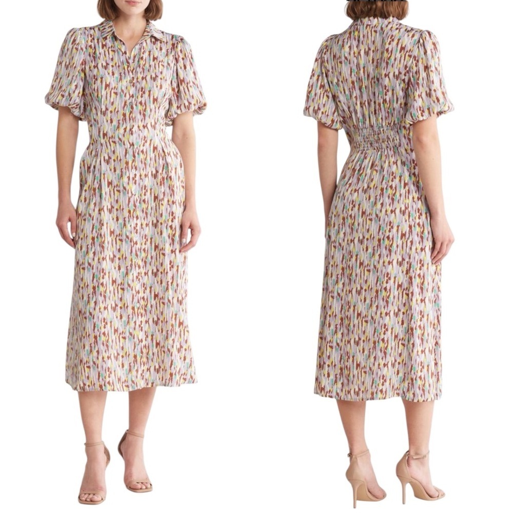 Melloday Puff Sleeve Satin Shirtdress Women’s Size Medium Elegant Button Down
